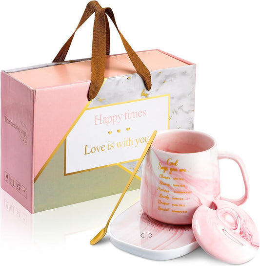 Nitial Bible Verse Coffee Mug Warmer Set Christian Coffee Mug Warmer | God Say You Are, Bible Verse Coffee Mug and Mug Warmer, Christian Gifts for Women, Pink Marble Mug, Teacher Mom Coworker