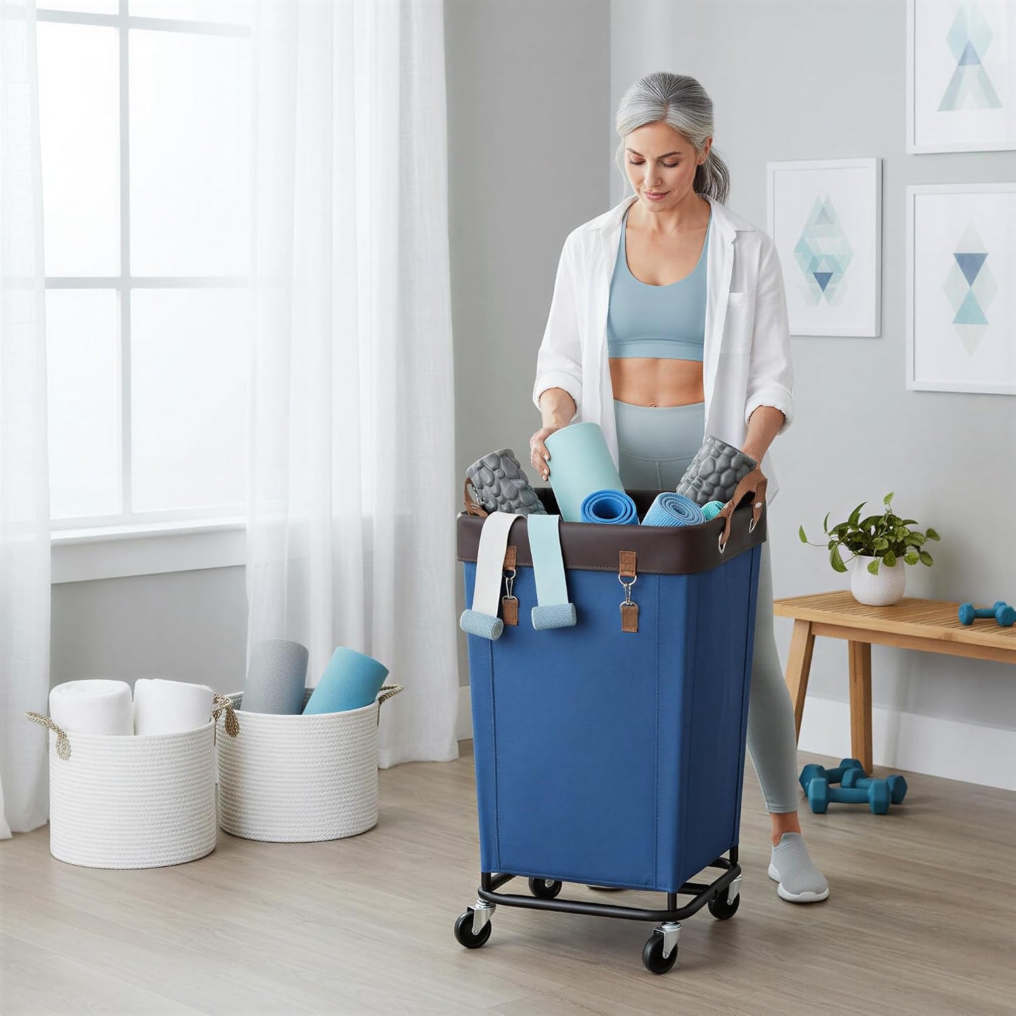 StorageWorks 160L Laundry Basket with Wheels, Rolling Hampers for Clothing | Beige Laundry Basket with Wheels, Metal Frame & Handles, Rolling Hamper for Bedroom, Bathroom, Dorm, Hotel
