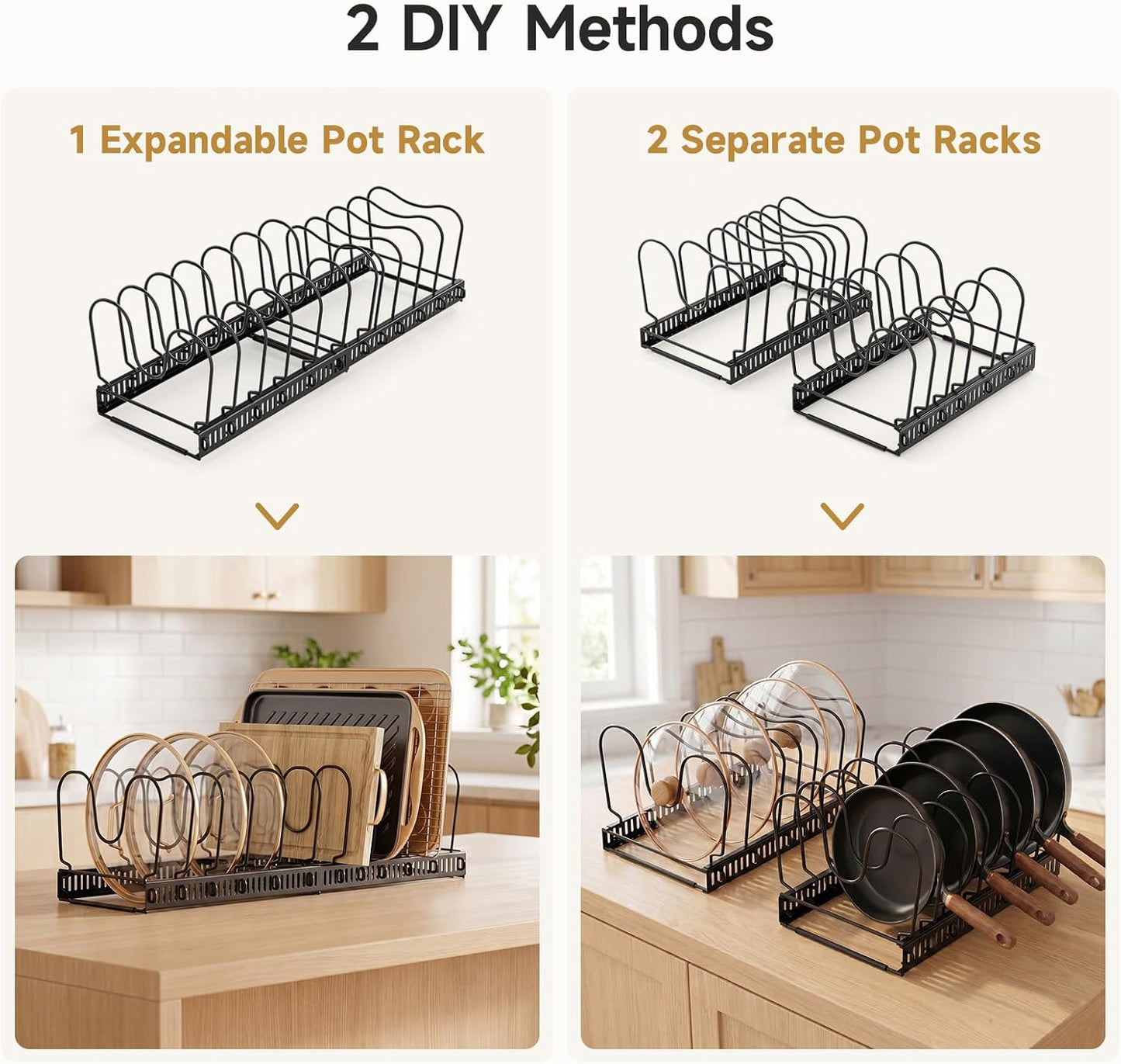 MUDEELA Pot Lid Organizer for Cabinet, Adjustable Baking Pan Rack 7 Slots | 7 Adjustable Divider, Tool-Free Assembly,Non-Slip, Scratch-Proof, Sturdy Metal Frame, For Pan Lid Cutting Board Bakeware