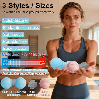 HODEMI Massage Ball Set, 3 Pack Spiky Ball, Lacrosse Ball & Peanut Massage Roller for Trigger Point Therapy, Deep Tissue Muscle Relaxation for Back, Neck, Hip, Leg & Foot with Mesh Bag