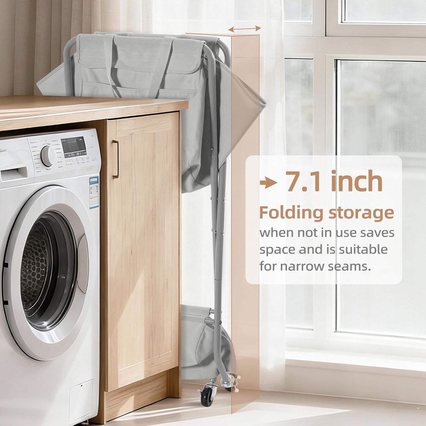 STORAGE MANIAC Collapsible Laundry Cart with Wheels 35.6"H Removable Canvas Bag Rolling Laundry Hamper Clothes Basket with Wheels, Sturdy Steel Frame Folding for Small Narrow Space Easy Storage, Beige