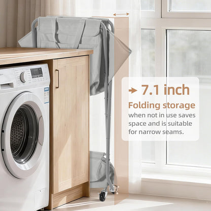 STORAGE MANIAC Collapsible Laundry Cart with Wheels 35.6"H Removable Canvas Bag Rolling Laundry Hamper Clothes Basket with Wheels, Sturdy Steel Frame Folding for Small Narrow Space Easy Storage, Beige