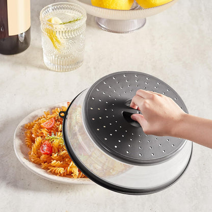 VEVOR Microwave Splatter Cover & Mat, 10.8" Collapsible Microwave Lid for Food, 500°F Heat-Resistant Silicone & Tempered Glass Splatter Guard for Plate Dish, Multi-Purpose Kitchen Gadget with Handle
