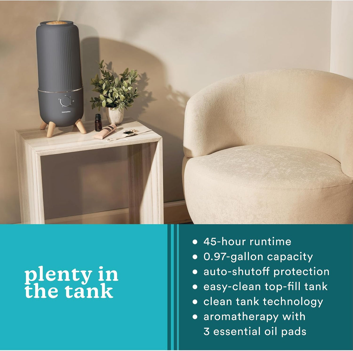 Homedics Ultrasonic Humidifier, Bedrooms and Home Offices, 0.97-Gallon Tank