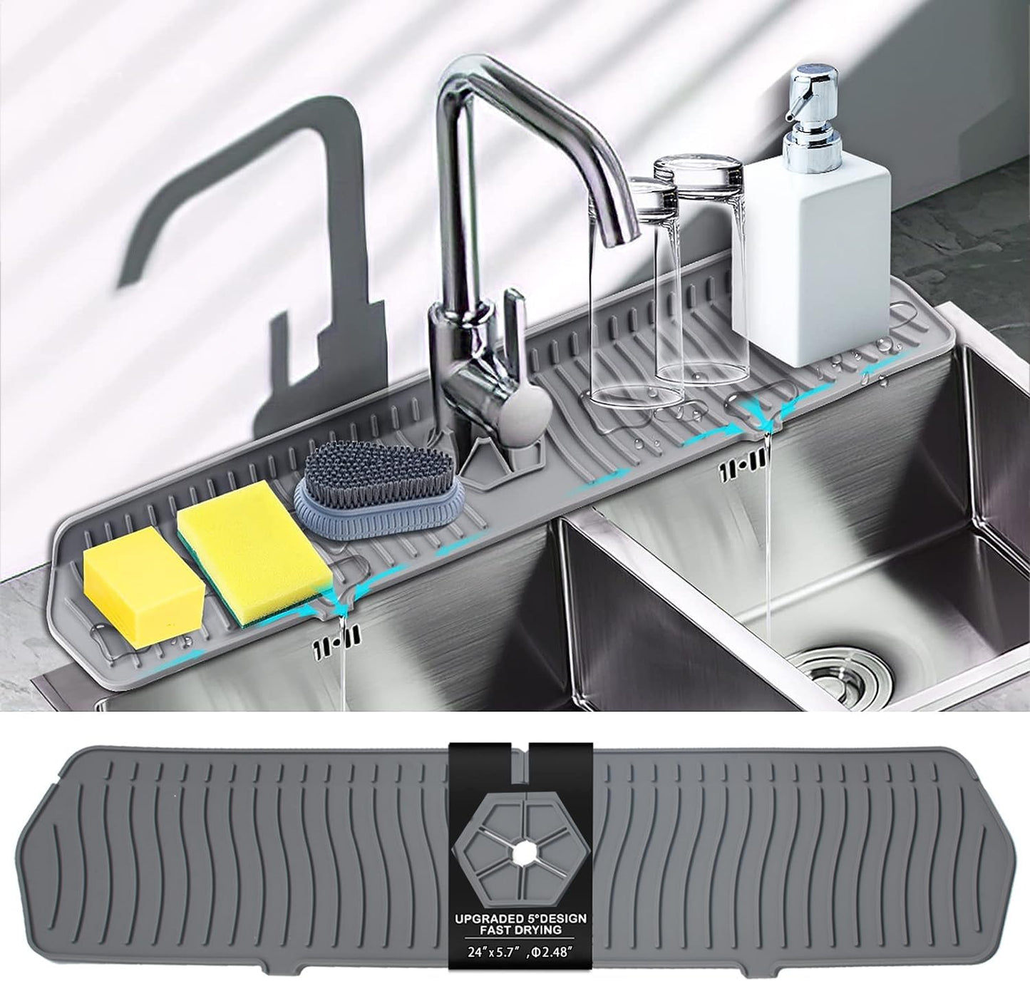 Kitchen Faucet Sink Splash Guard, 24" x 5.6'' Upgrade Silicone Faucet Water Catcher Mat, Sink Draining Pad Behind Faucet, Rubber Drying Mat for Countertop, Bathroom, Farmhouse, RV (Black)