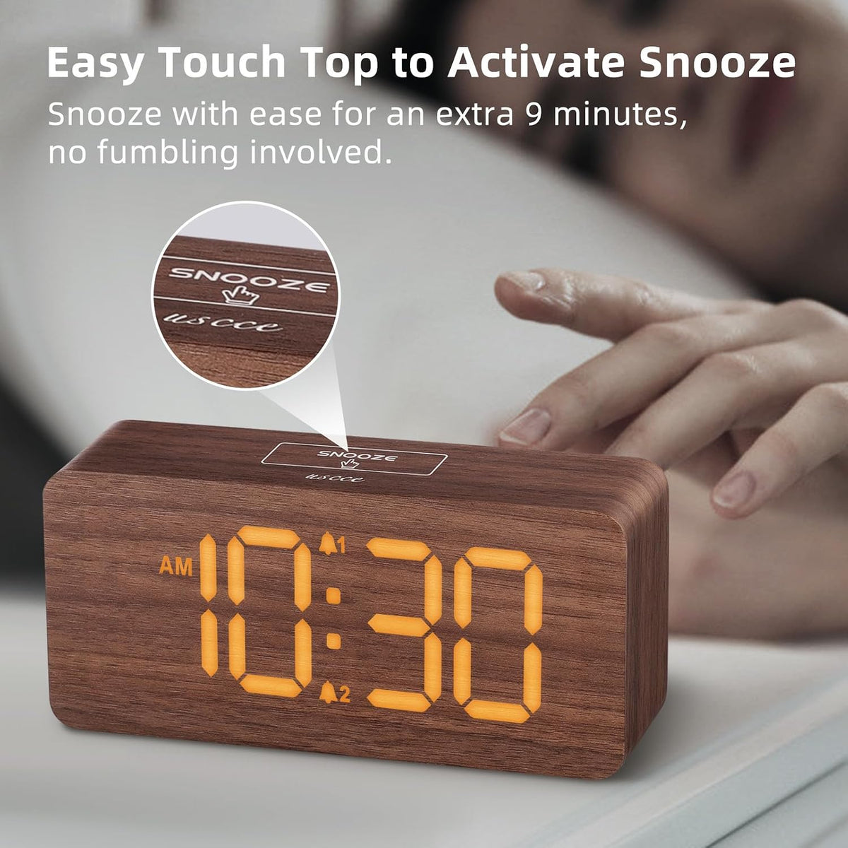 uscce Wooden Digital Alarm Clocks for Bedrooms with 0-100% Dimmable Display