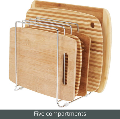 mDesign X-Large Steel Storage Tray Organizer Rack for Kitchen Cabinet - Divided Holder with 5 Slots for Skillets, Frying Pan, Pot Lids, Cutting Board, Baking Sheets - Concerto Collection - White