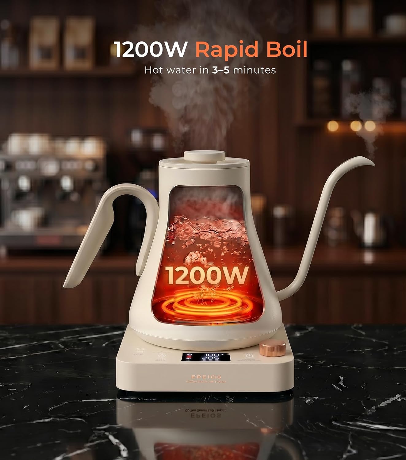 Epeios Electric Kettle, Gooseneck Electric Kettle with ±1°F Temperature Control, 1200W Rapid Heating for Pour Over Coffee & Tea, 304 Stainless Steel Interior, Auto Shut-Off, 0.9L, Black | Rapid Heating, Precision Pour-Over for Coffee & Tea,Smart Hot