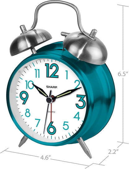 Sharp 4-Inch Twin Bell Alarm Clock for Heavy Sleepers (Matte Navy) | Extra-loud metal bell alarm, quiet quartz movement, press-button backlight, rustic bronze accents, battery operated