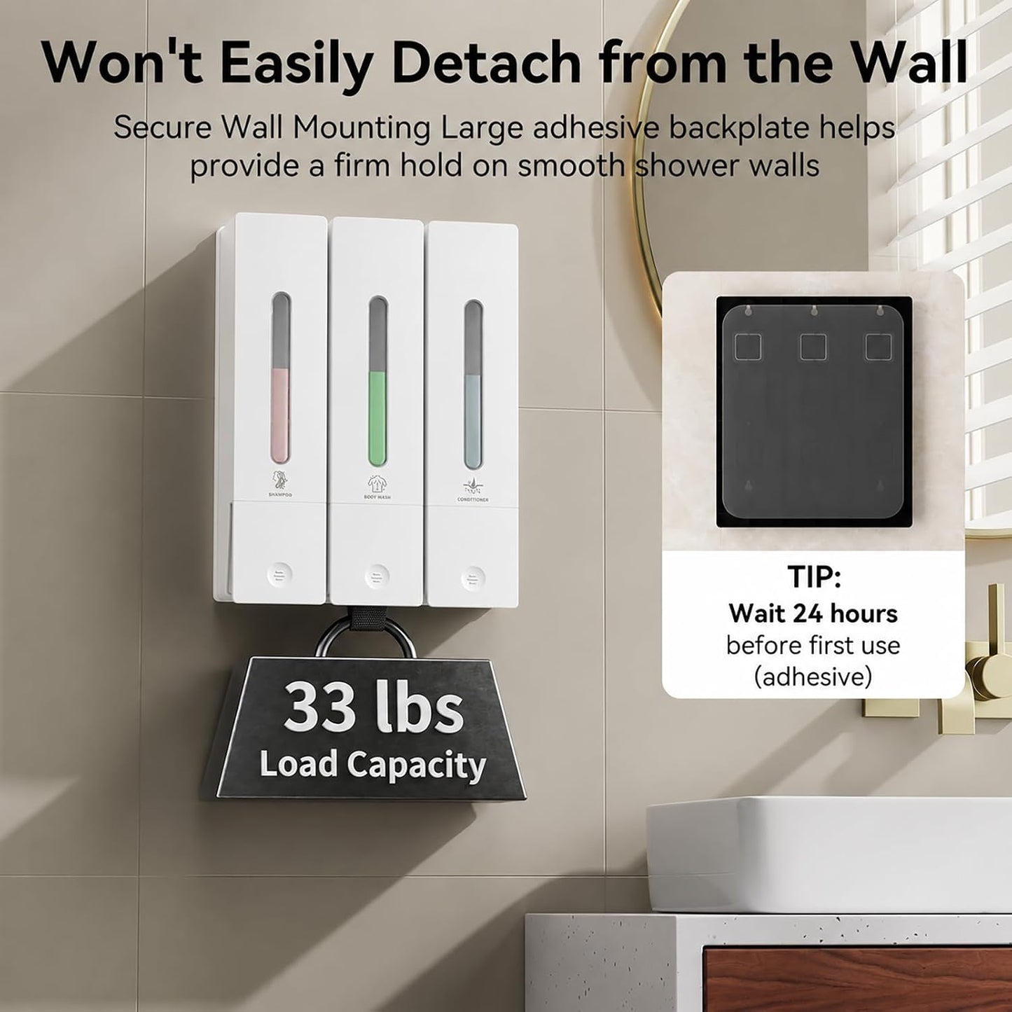 Shampoo and Conditioner Dispenser - Wall-Mounted 3-Chamber Shower Soap Dispenser, No-Drill, 1200ML Capacity, for Bathroom & Hotel