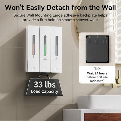 Shampoo and Conditioner Dispenser - Wall-Mounted 3-Chamber Shower Soap Dispenser, No-Drill, 1200ML Capacity, for Bathroom & Hotel