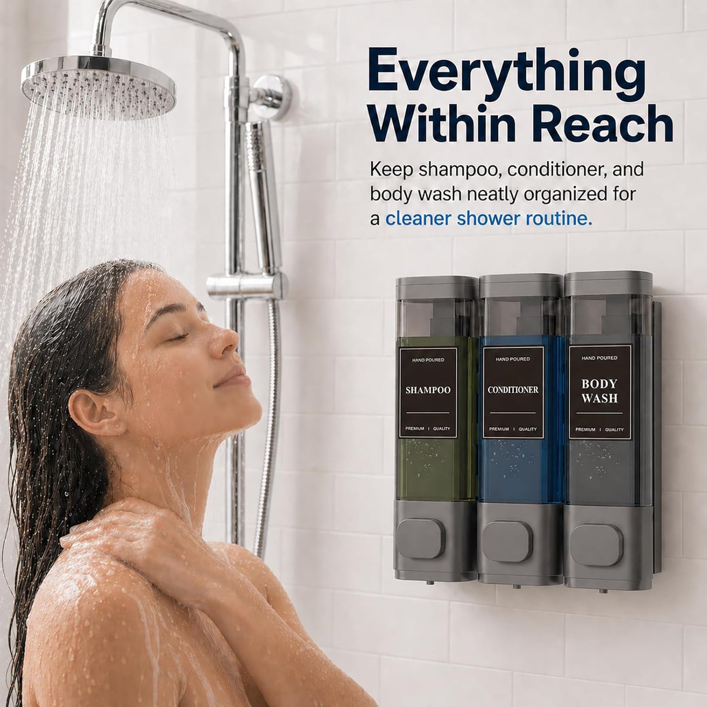 Shampoo and Conditioner Dispenser – Wall-Mounted Shower Soap Dispenser, No-Drill Installation, Lockable, 900 ml Capacity,for Bathroom & Hotel or Airbnb (Black, 3-Pack)