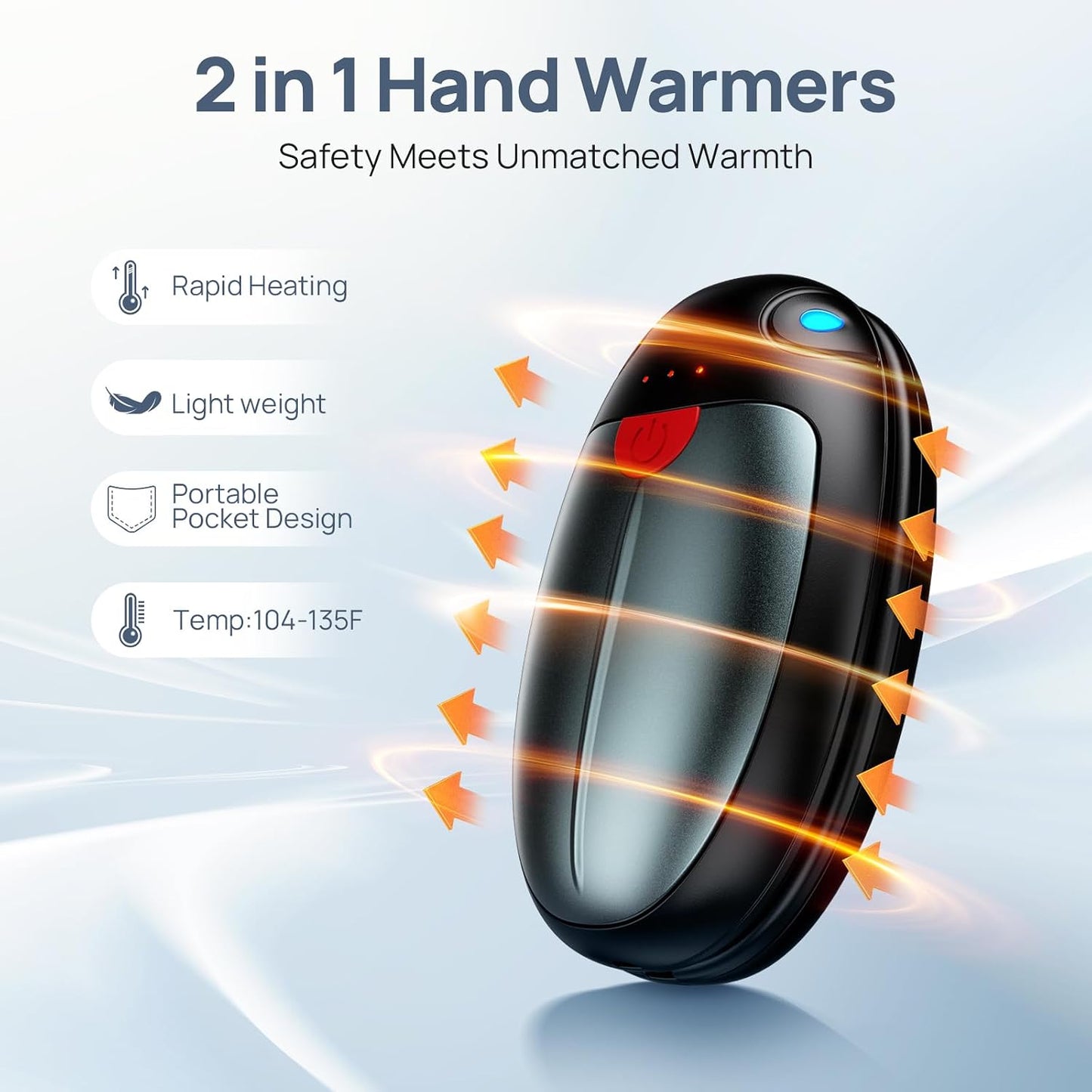 Hand Warmers Rechargeable, 2 Pack Portable Pocket Hand Warmers, 20Hrs Long Heating Double Warm Electric Handwarmers, Reusable Heater for Outdoors, Camping, Hunting, Golf, Fishing