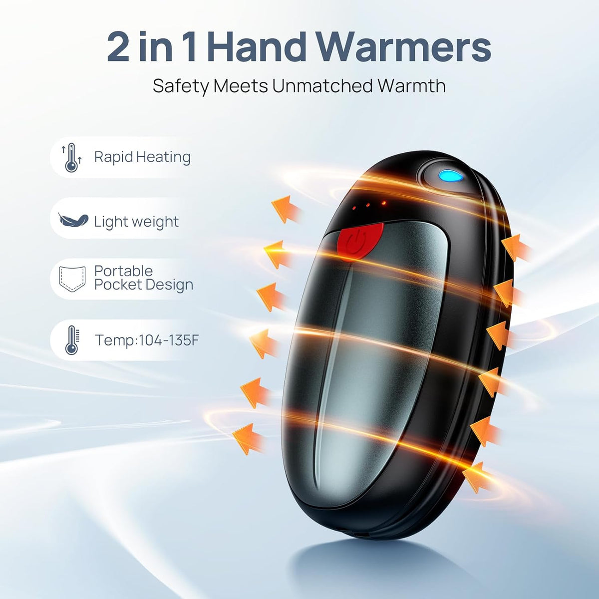 Hand Warmers Rechargeable, 2 Pack Portable Pocket Hand Warmers, 20Hrs Long Heating Double Warm Electric Handwarmers, Reusable Heater for Outdoors, Camping, Hunting, Golf, Fishing