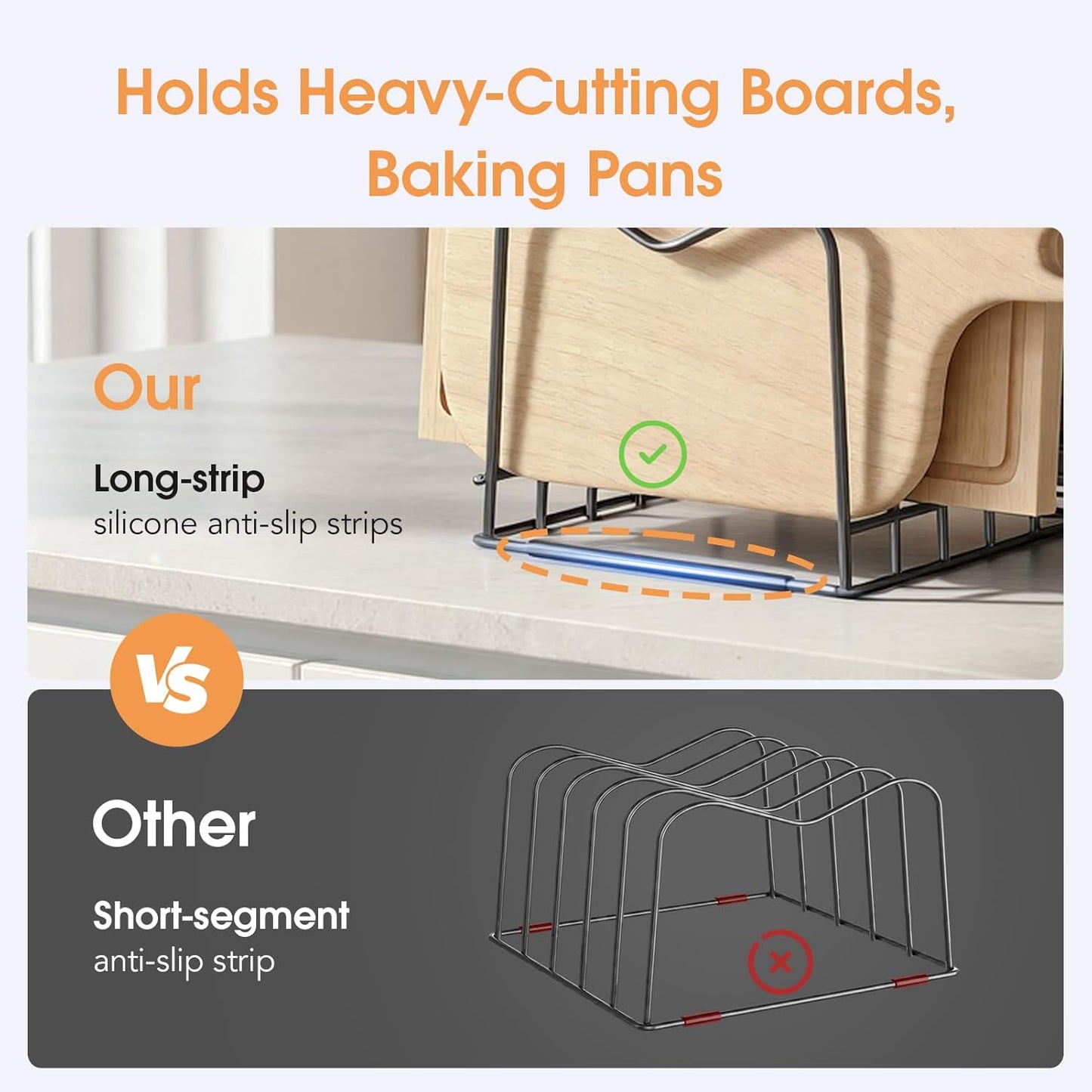 5mm Wire Cutting Board Organizer Holder Stand for Cabinet Countertop | Full silicone strip, no slipping or scratches, 1.2" slot spacing, Holds cutting boards, sheet pans, skillets inside Cabinet