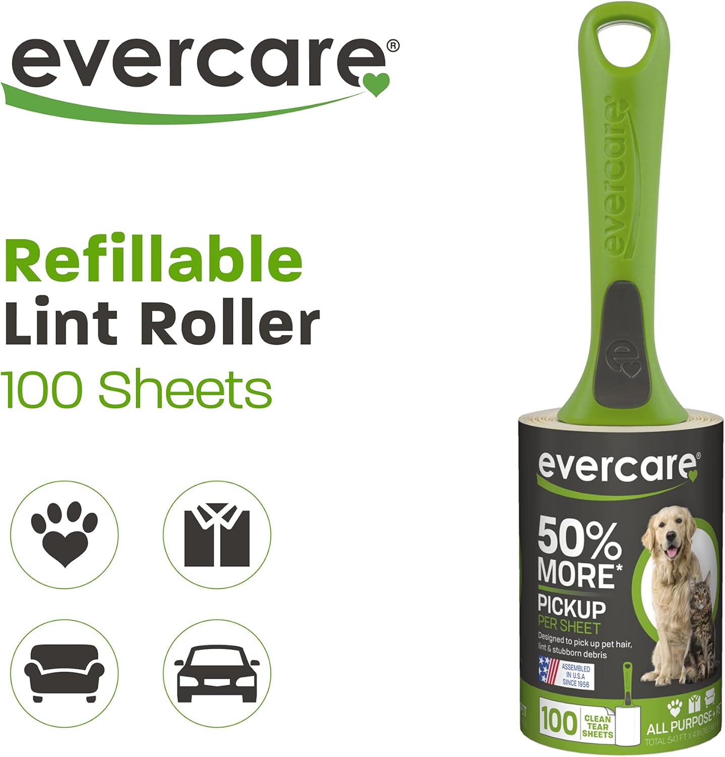 Evercare Pet Hair Lint Rollers All Purpose Use 100 Easy-Tear Sheets Per Roll Reusable Sticky Roller Pets Cat & Dog Hair Remover Contoured Handle For Furniture Clothing & Cars, Set of 3, Green