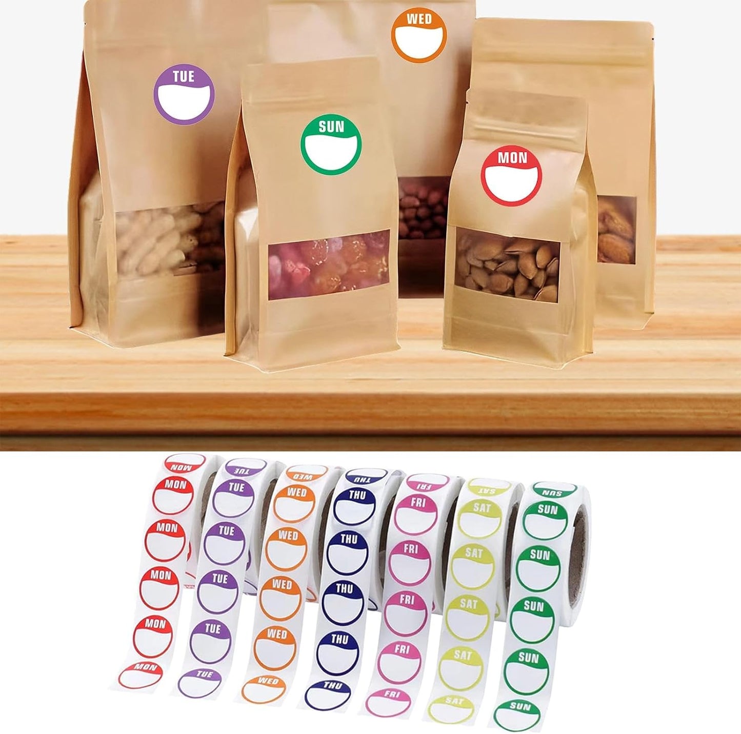 Day of the Week Stickers, 2cm (0.8 inch) Removable Date Dot Labels, 7 Rolls 3500 Pcs for Kitchen Freezer Food Breastmilk