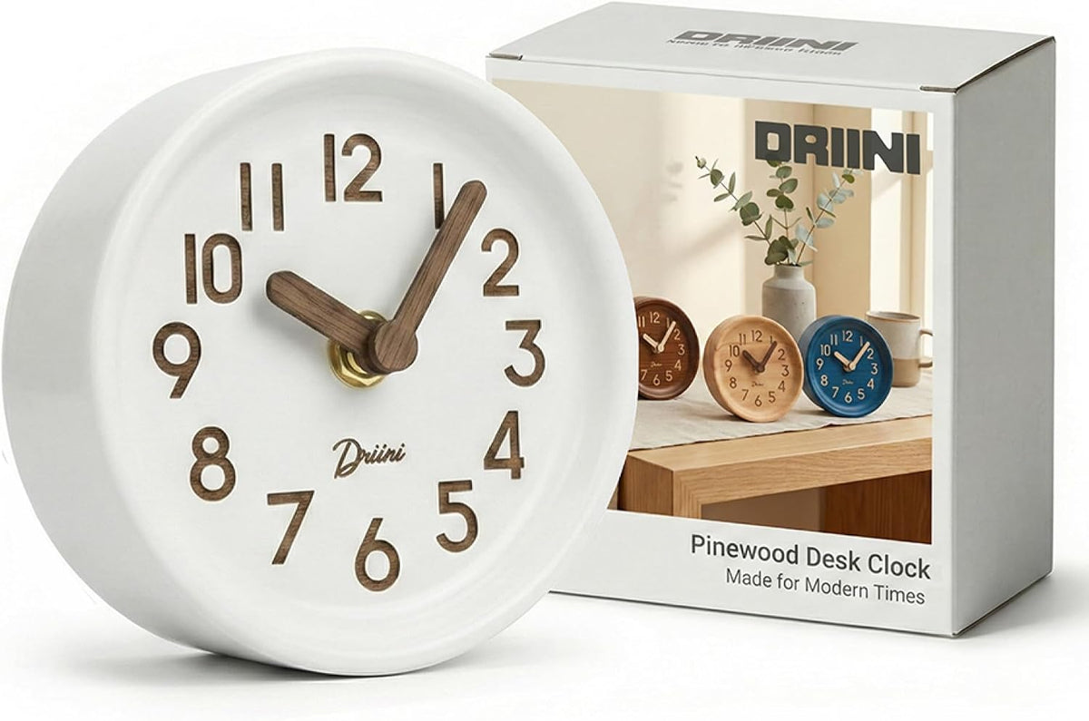 Driini Small, Silent Wooden Analog Desk Clock for Shelf or Table, Dark
