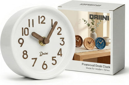 Driini Small, Silent Wooden Analog Desk Clock for Shelf or Table, Dark