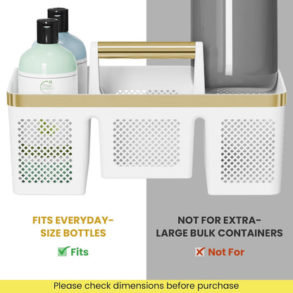 BYUNER Portable Cleaning & Shower Caddy with Handle: Rigid Plastic Basket with 4 Divided Compartments, All-Side Drainage for College Dorm, Bathroom & Utility Use, Black/Gold