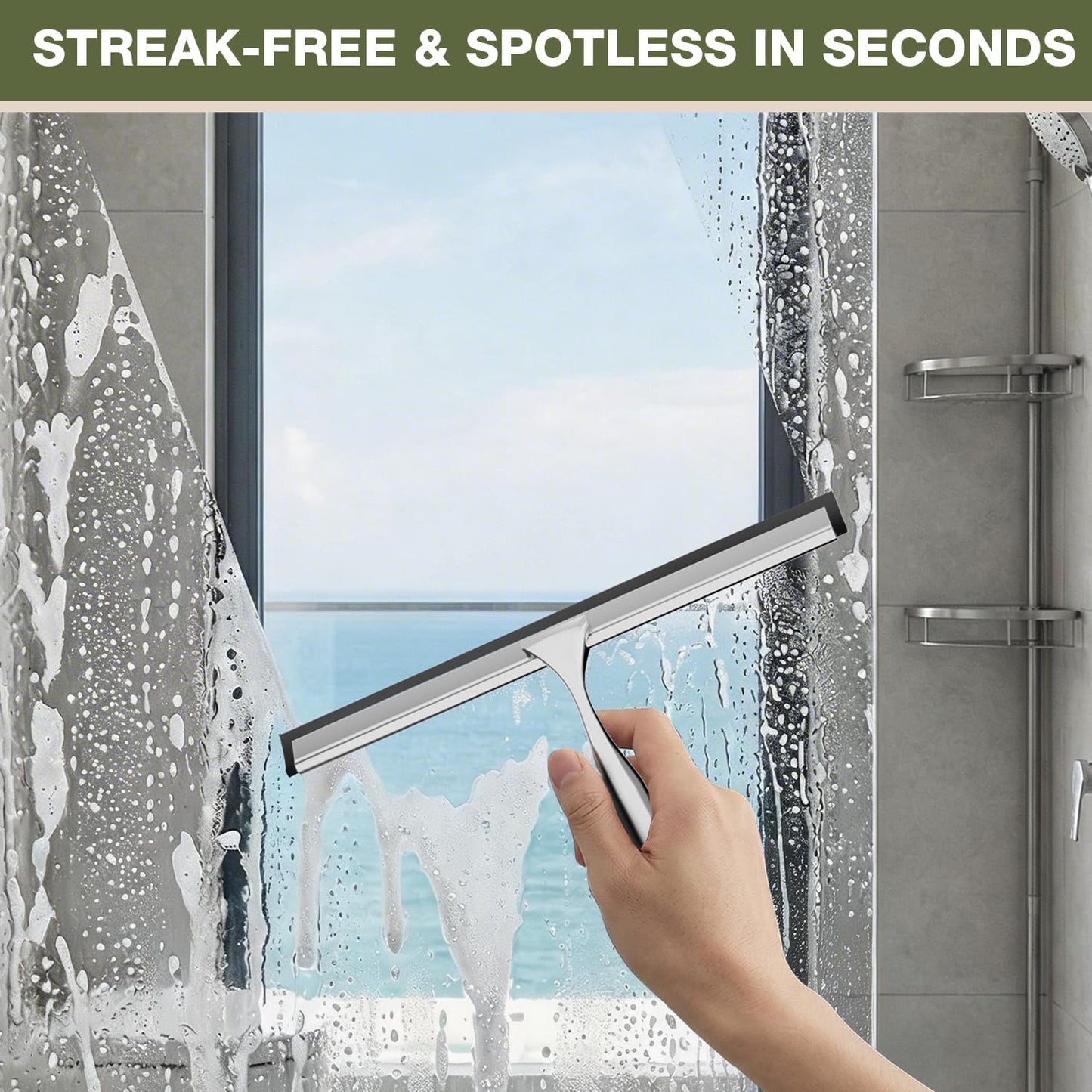 FARMER 10-Inch Shower Squeegee for Glass Doors, Windows and Mirrors, Black | Suction Wall Hook, Over-Door Hook, Non-Scratch Blade with Quiet Glide for Multi-Surface Cleaning on Glass, Tile and Mirrors