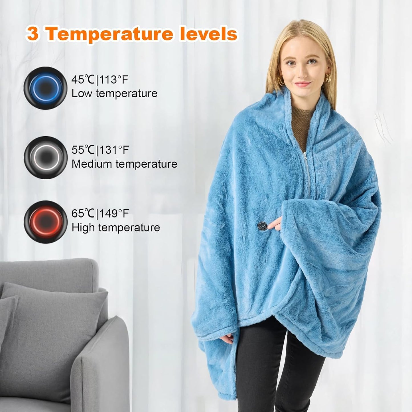 Heated Throw Blanket, Graphene Electric Heated Shawl, 20000mAh 7.4V Battery Operated, Fast Heating with 3 Temperature Levels Portable Heated Blanket, Wearable Cordless Heated Wrap (Khaki)