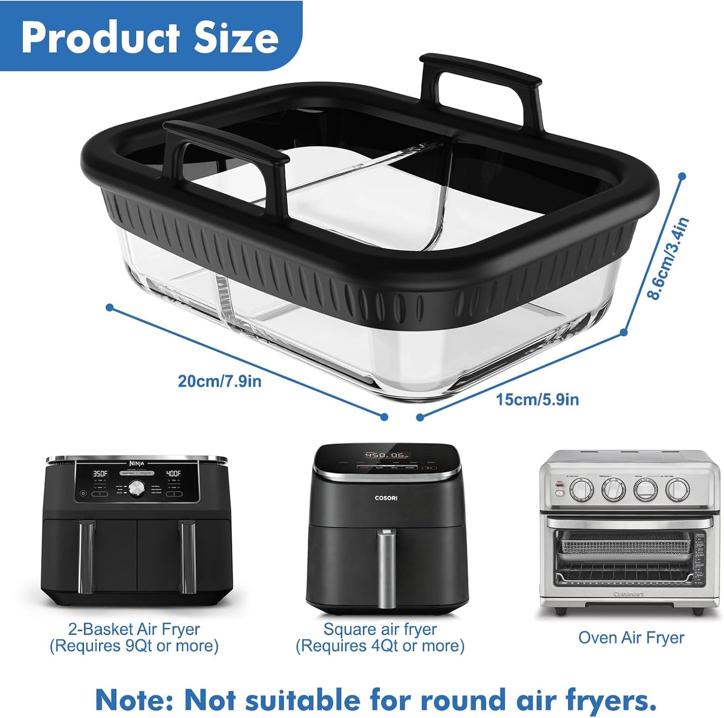 Air Fryer Accessories for Ninja Foodi DZ401, DZ550, SL401, SL451 10Qt | Glass Liners with Silicone Handles for 4-6 Qt Air Fryer, Heat-resistant, Dishwasher-safe, BPA-free