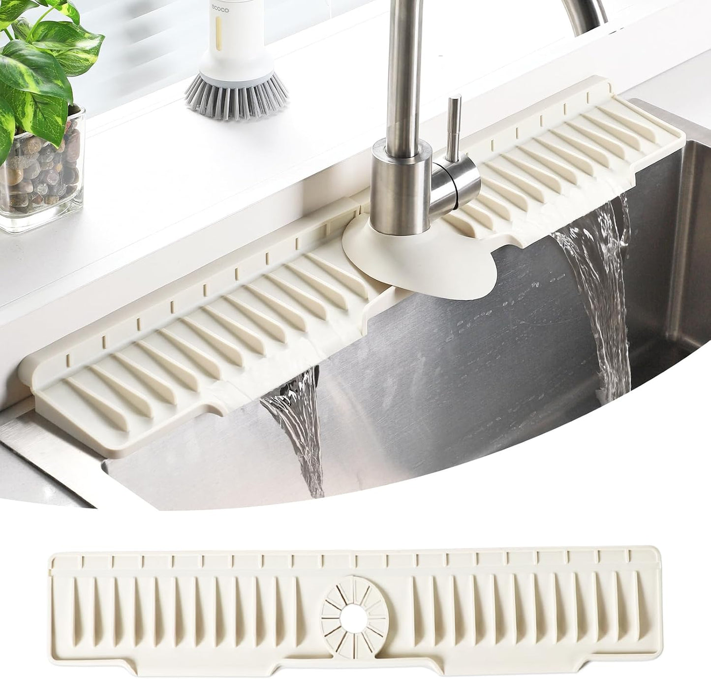 24" Silicone Sink Mat for Kitchen(Released in 2026), Beige | 8° Slope for Quick Self-draining, Sink Splash Guard Behind the Faucet, Narrow Water Splash Guard, for Kitchen&Bathroom Area