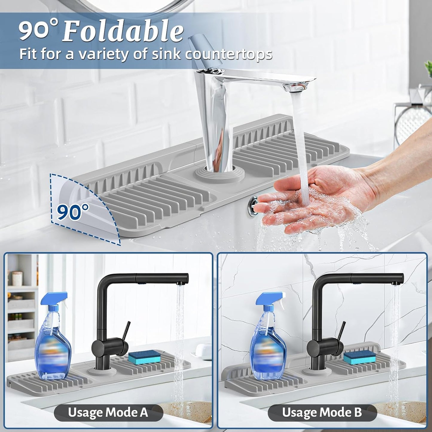 PoYang 24 Inch Faucet Mat for Kitchen Sink Splash Guard, Silicone, Black | Sink Protectors with 7° Slope for Smooth Drainage, Snap Button Holds It in Place, 90° Foldable & Cuttable Hole Fit Most Sinks