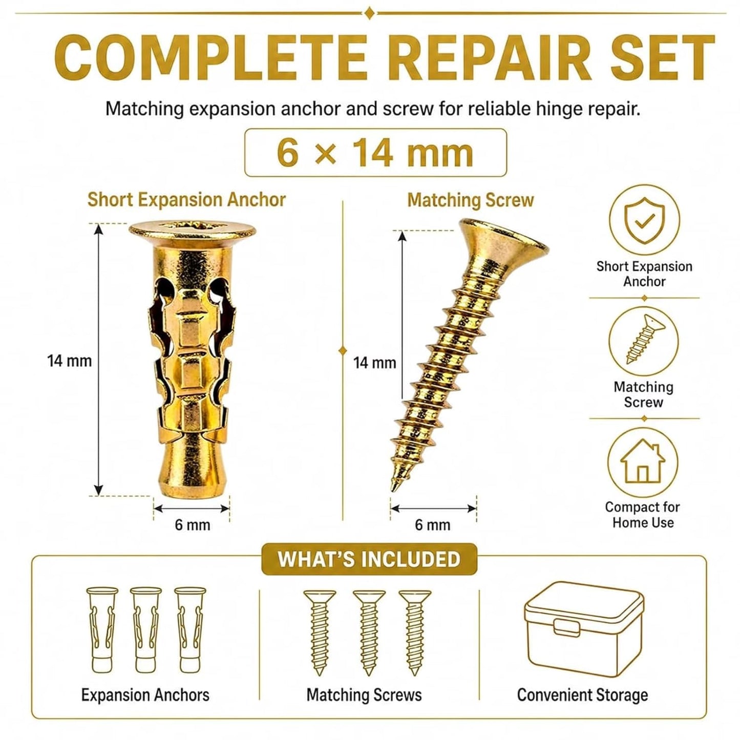 2026 6×14mm Short Expansion Screw Set - 100pcs for Cabinet Hinge Repair & Stripped Thread Restoration, Secure Cabinet Door Fastening Kit