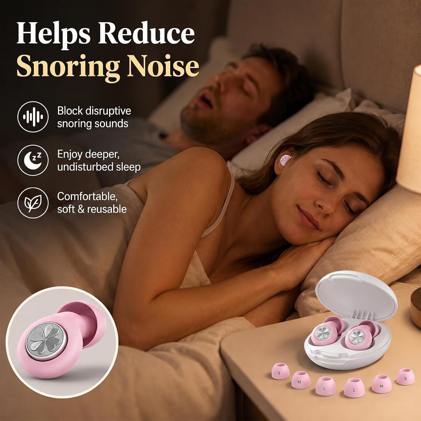 HEKKE 45dB Ear Plugs for Sleeping, Soft Silicone for Side Sleepers, 4 Sizes | Reusable soft silicone with XS/S/M/L sizes for side sleepers, concerts, flights and hotels; carrying case included.