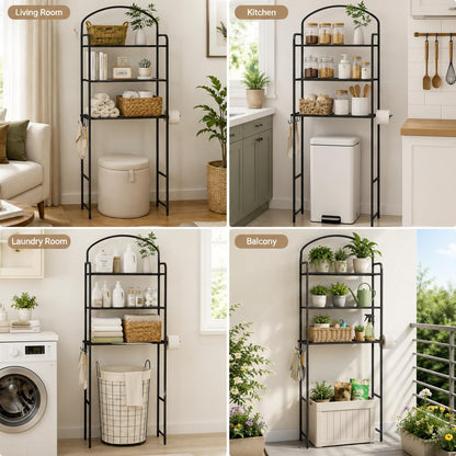 3 Tier Over The Toilet Storage Rack, Bathroom Organizer | Toilet Storage with 4 Hooks & Paper Holder, Space-Saving, Freestanding Bathroom Shelf, Metal, White