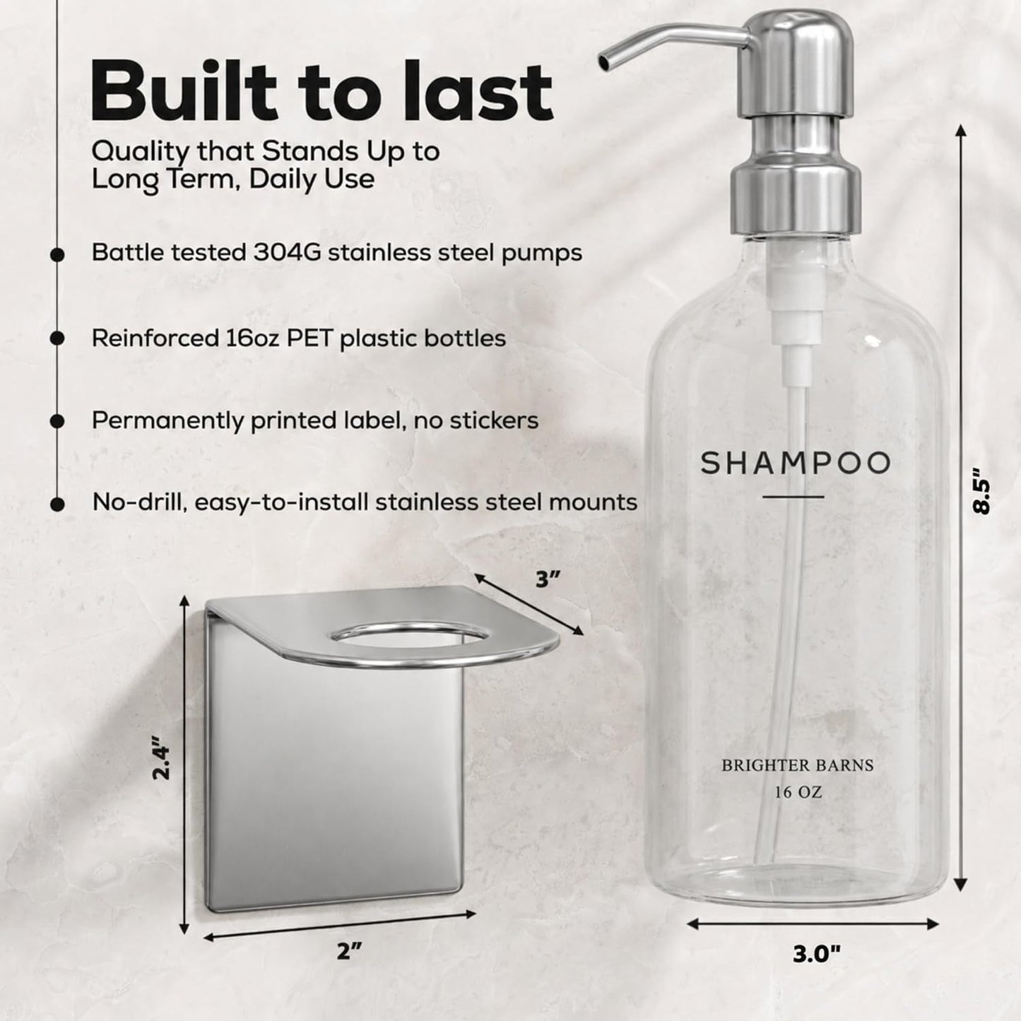 White Shampoo and Conditioner Dispenser Set Wall Mounted by Brighter Barns - Shower Dispenser 3 Chamber No Drill - Refillable Shampoo and Conditioner Bottles for Shower Wall in Airbnb, Hotel (White)