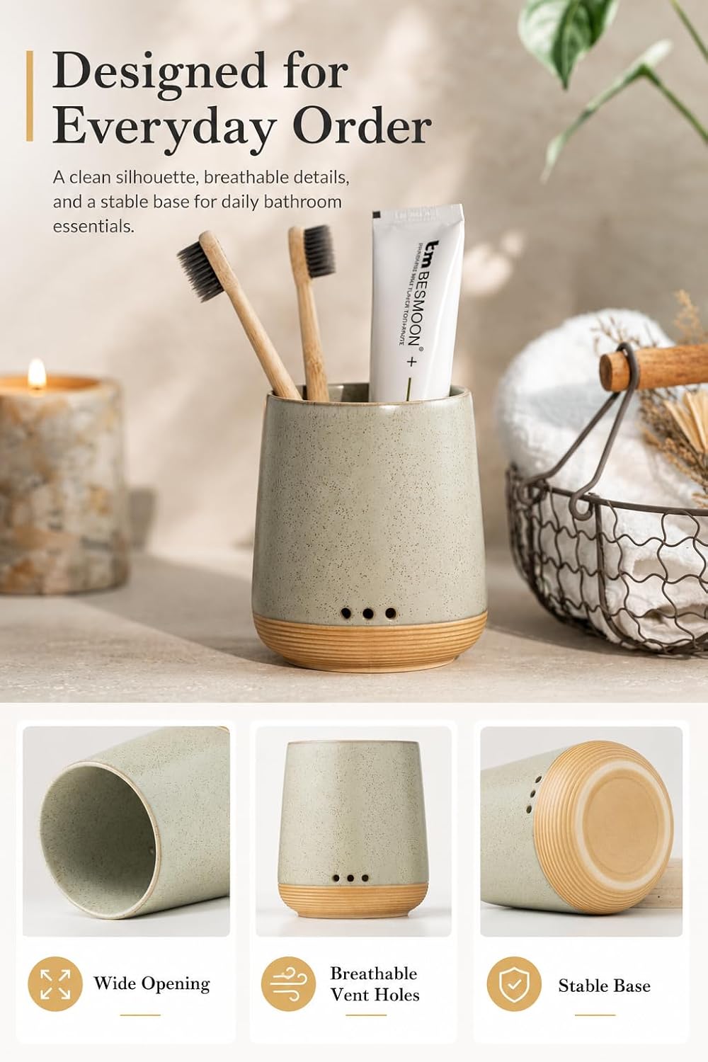 LYEOBOH Ceramic Toothbrush Cup, Cute Toothbrush Holder with Drainage White | Farmhouse Toothbrush Container, Countertop Toothbrush Organizer, Toothbrush Storage for Bathroom Vanity & Countertop
