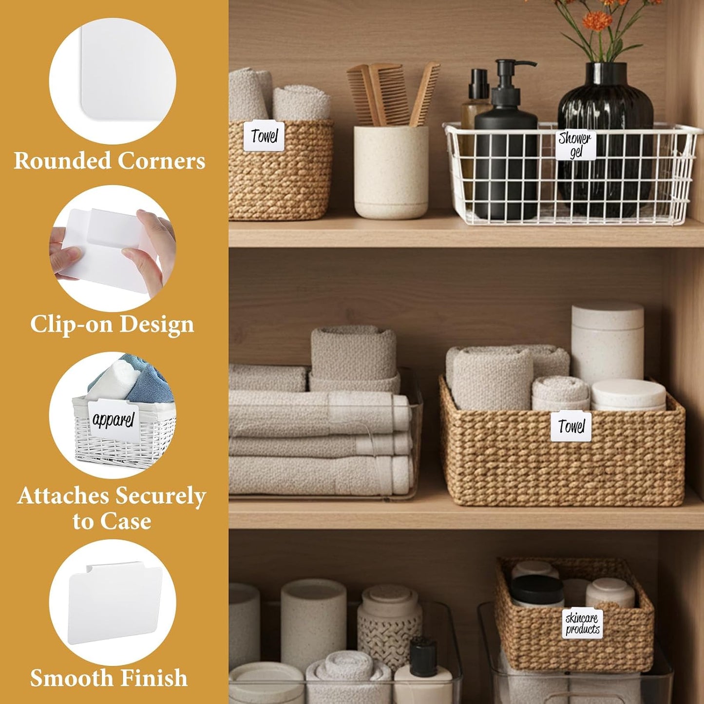 16Pcs White Clip-On Basket Labels, 3.5x2.5 Inch Removable PVC Labels with Holders for Storage Bins, Pantry & Closet Organization, Removable Label Holders