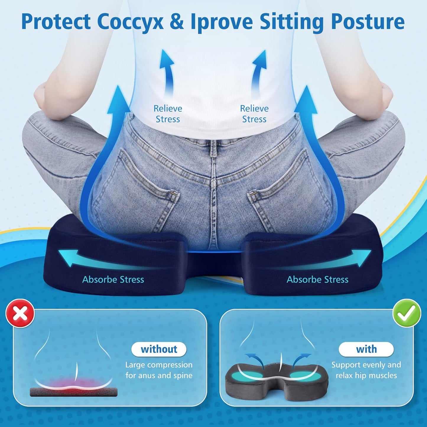 CloudBliss Gel Memory Foam Seat Cushion for Long Sitting, Large, Black | Gel Chair Pad for Tailbone, Coccyx, Sciatica , Soft Suede Cover, Non-Slip , Washable Mesh, for office, home, car