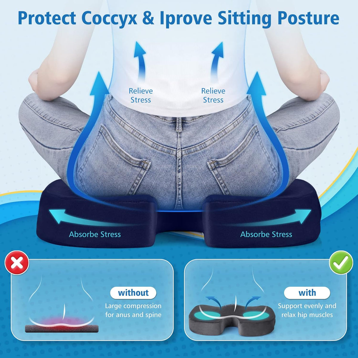 CloudBliss Gel Memory Foam Seat Cushion for Long Sitting, Large, Black