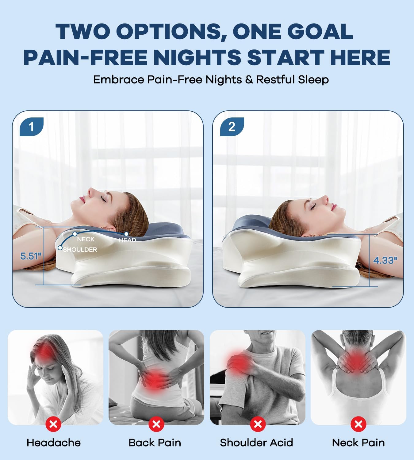 DONAMA Contour Cervical Neck Pillow for Neck Pain Relief | Queen,Ergonomic Dual-Height,Odorless Memory Foam,Side/Back/Stomach Sleepers,Cooling Hypoallergenic Cover,OEKO-TEX Certified