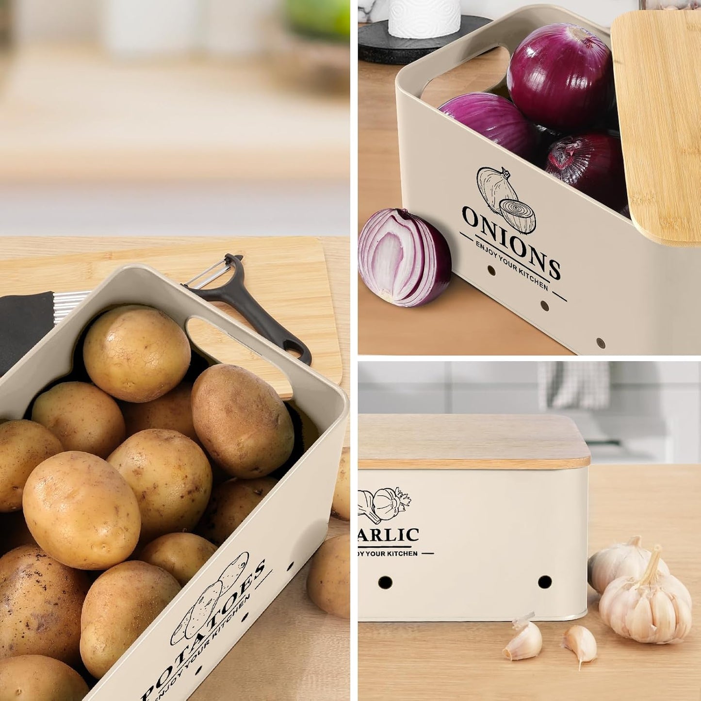 Kitchen Vegetable Storage Set of 3, Metal Onion Garlic Potato Storage Set, Kitchen Canisters Vegetable Keeper Containers with Aerating Holes and Bamboo Lid,Black