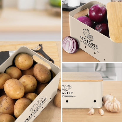 Kitchen Vegetable Storage Set of 3, Metal Onion Garlic Potato Storage Set, Kitchen Canisters Vegetable Keeper Containers with Aerating Holes and Bamboo Lid,Black