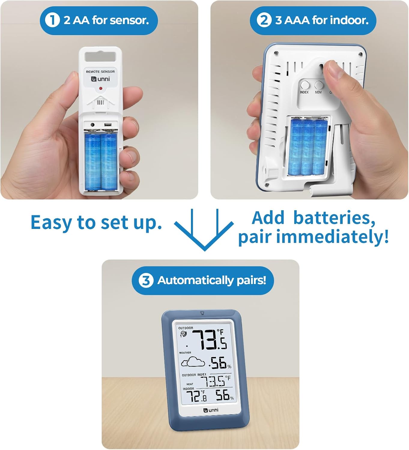 Indoor Outdoor Thermometer Hygrometer Wireless Weather Station, Temperature Humidity Monitor Battery Powered Inside Outside Thermometers with 330ft Range Remote Sensor and Backlight Display
