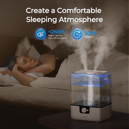 CHIVALZ Humidifiers for Bedroom, 6L Cool Mist Humidifiers for Baby Nursery, 26dB Quiet, 50H Runtime, Top Fill Humidifier for Large Room, Home, Plants, Nightlight, Oil Diffuser 1 Pack White
