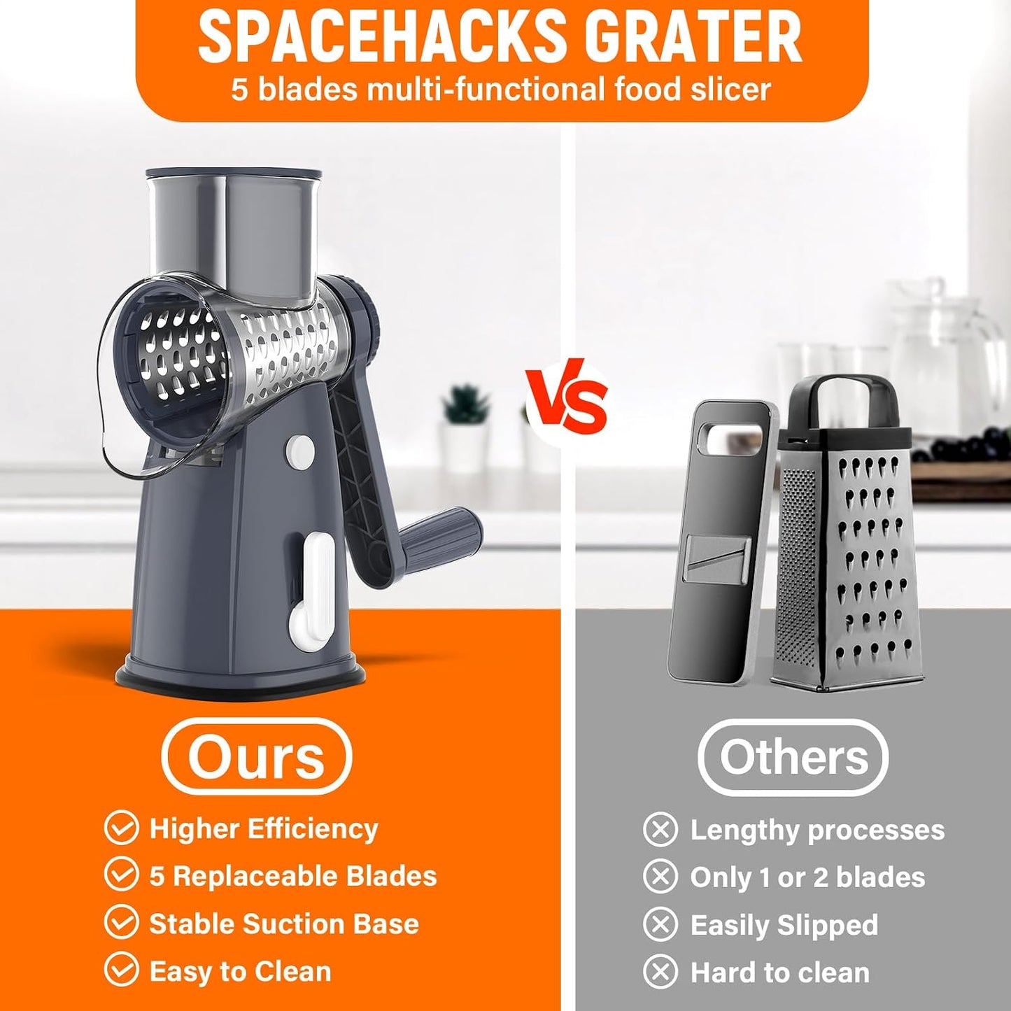 Rotary Cheese Grater Hand Crank with 5 Interchangeable Blades, Vegetable Slicer Chopper for Fruit Vegetable Nuts, Mandoline Slicer for Kitchen with Blades Rack & Suction Base, White