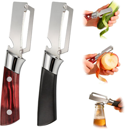 Julienne Peeler Vegetable Peeler for Veggie Potato Carrot(2 Pack) | Multifunctional Cabbage Shredder | 3 in 1 Peeler and Julienne Shredder Tool | Wooden Handle | Bottle Opener