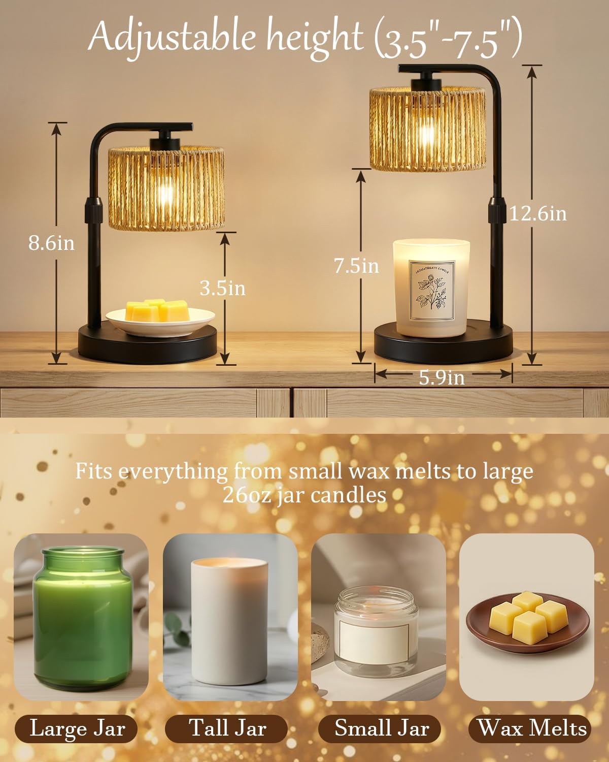 Candle Warmer Lamp with Timer Dimmer, Height Adjustable Modern Farmhouse Candle Warmer, Electric Candle Lamp Warmer with 2 Bulbs, Birthday Gifts for Women Mom, Gift for Home Decor