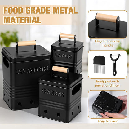 3 Pcs Potato Onion Garlic Storage Bin Metal Vegetable Keeper Container with Lid Aerating Hole Farmhouse Style for Kitchen Counter Pantry Sweet-potato Carrot Fruit Keep Fresh Longer (White)