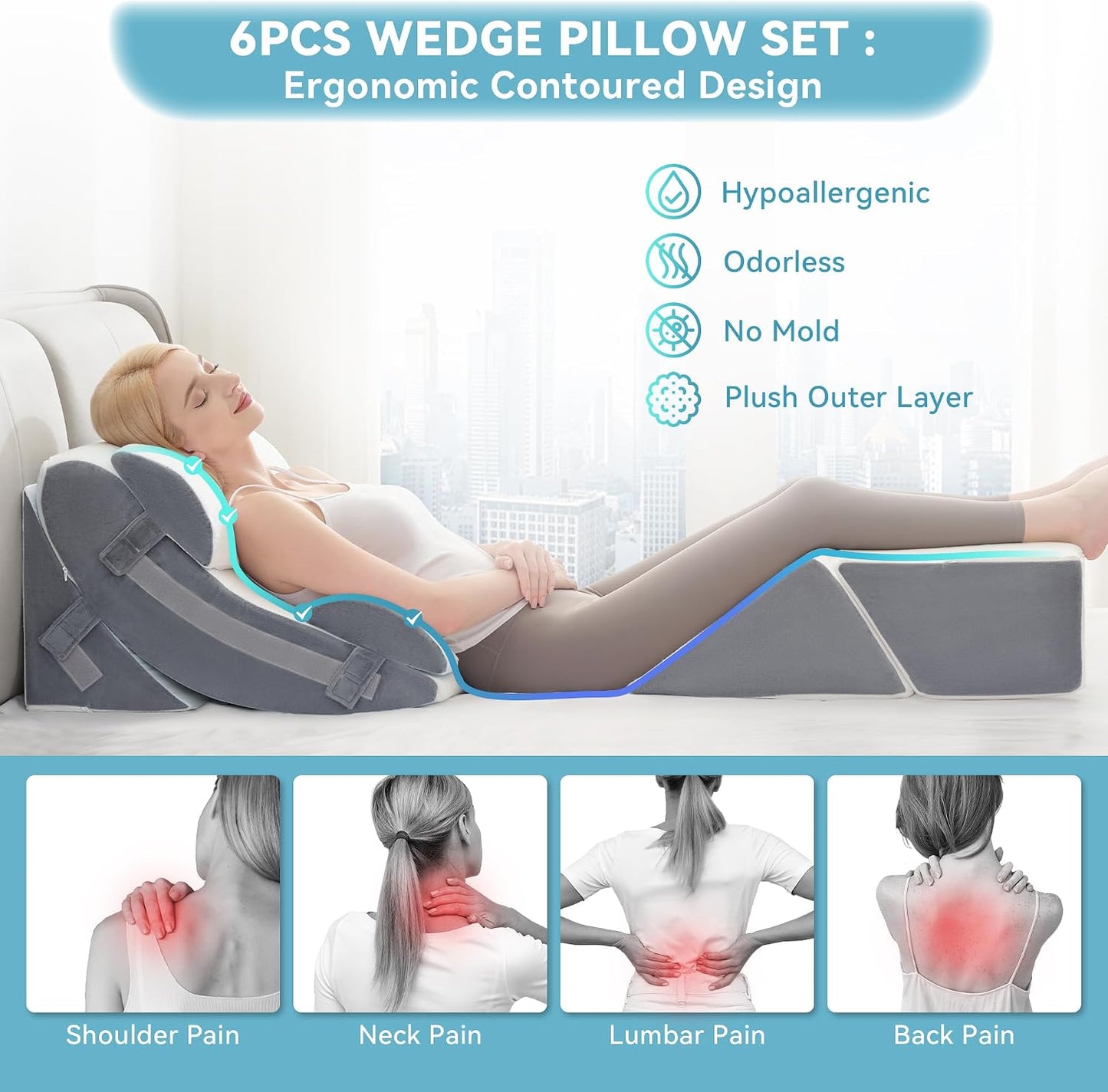 Kingfun 4PCS Orthopedic Bed Wedge Pillow Set for Sleeping, Post Surgery Memory Foam Support Pillows for Back, Neck and Leg Pain Relief, Adjustable Triangle Pillow - Acid Reflux, Anti Snoring & GERD