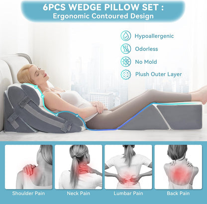 Kingfun 4PCS Orthopedic Bed Wedge Pillow Set for Sleeping, Post Surgery Memory Foam Support Pillows for Back, Neck and Leg Pain Relief, Adjustable Triangle Pillow - Acid Reflux, Anti Snoring & GERD