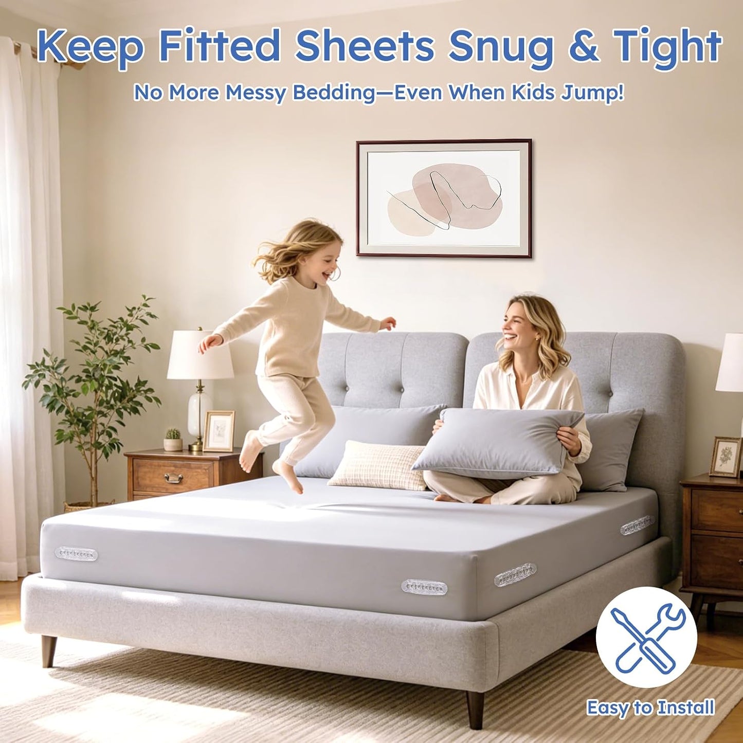Bed Sheet Holders for Corners, 4 Pack Heavy Duty Sheet Locks | Keep Fitted Sheets in Place Firmly, Easy Snap-On Installation, Foldable Mattress Fasteners for Twin to Cal King