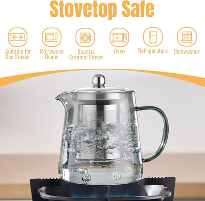 PARACITY Glass Teapot Stovetop 22 OZ/650ml, Tea pot with Removable 18/8 Stainless Steel Infuser, Borosilicate Clear Tea Kettle, Teapot Blooming and Loose Leaf Tea Maker Tea Brewer for Camping, Travel | Clear small tea kettle with infuser and tea pot with